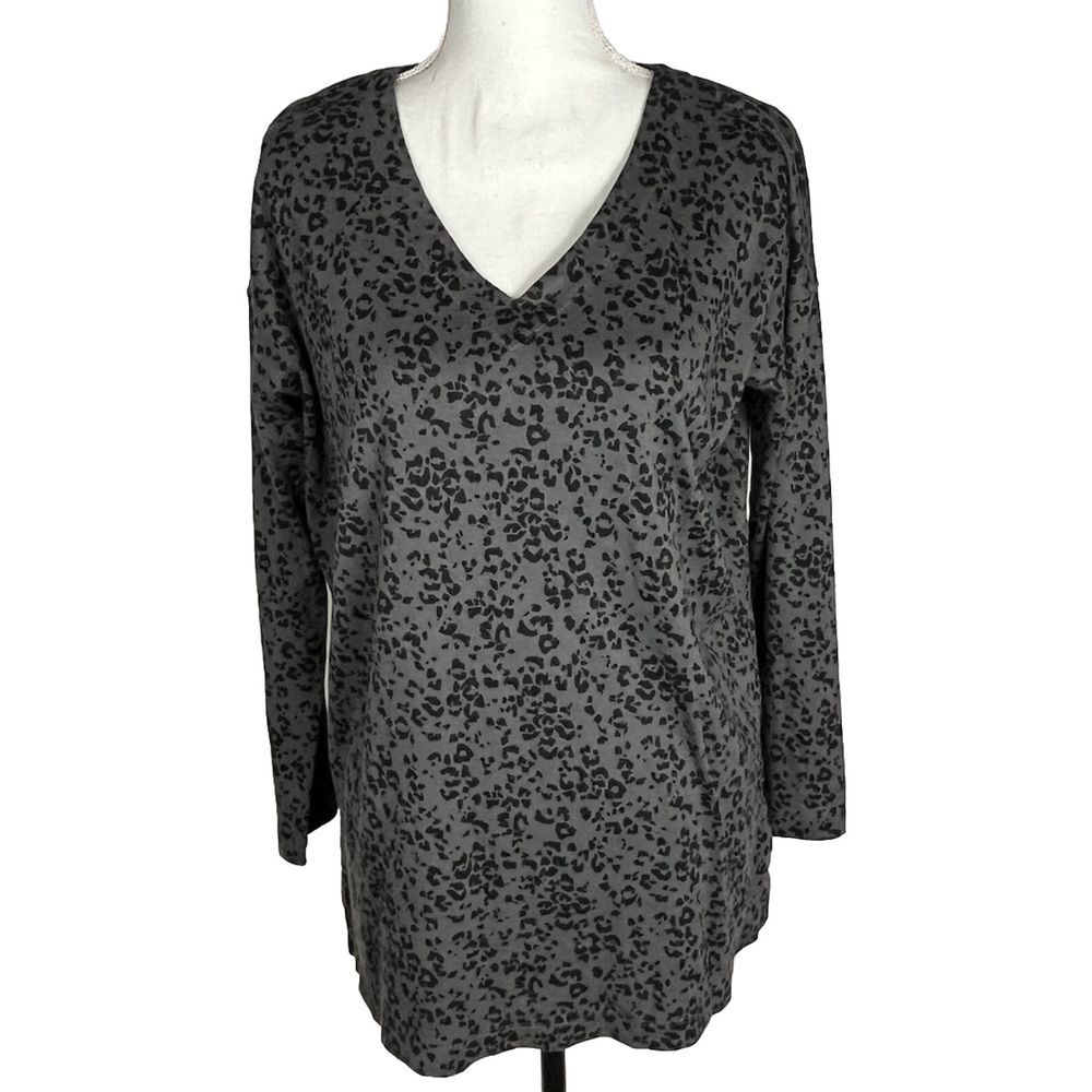 J Jill Top Womens Small Animal Print Gray‎ Simply Supima V Neck Tunic Casual